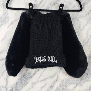 NEW Dolls Kill Logo Merch Black Oversized Furry Fuzzy Bunny Ears Knit Beanie